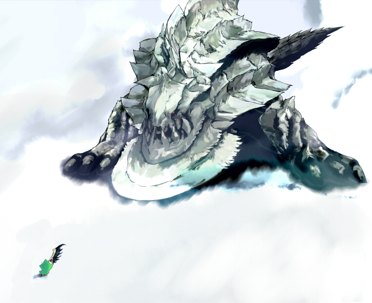 confrontation crossover from_above full_body hidamari_sketch monster_hunter no_humans sharp_teeth size_difference snow standing teeth ukanlos ume-sensei