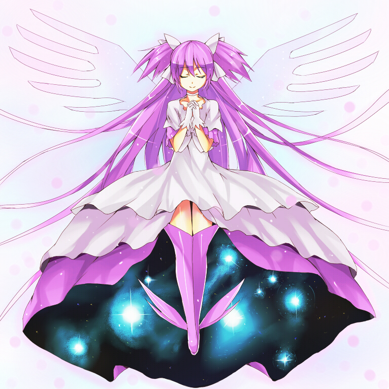 bad_id bad_pixiv_id boots bow closed_eyes dress gloves hair_bow hands_clasped heirou kaname_madoka long_hair magical_girl mahou_shoujo_madoka_magica own_hands_together pink_footwear pink_hair pink_legwear solo spoilers thighhighs ultimate_madoka very_long_hair white_background white_gloves wings zettai_ryouiki