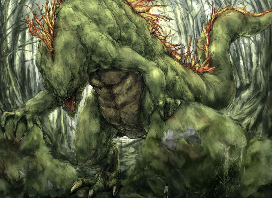 claws dragon fangs forest green_skin monster nature no_humans open_mouth outdoors plant reptile rock solo tail tree