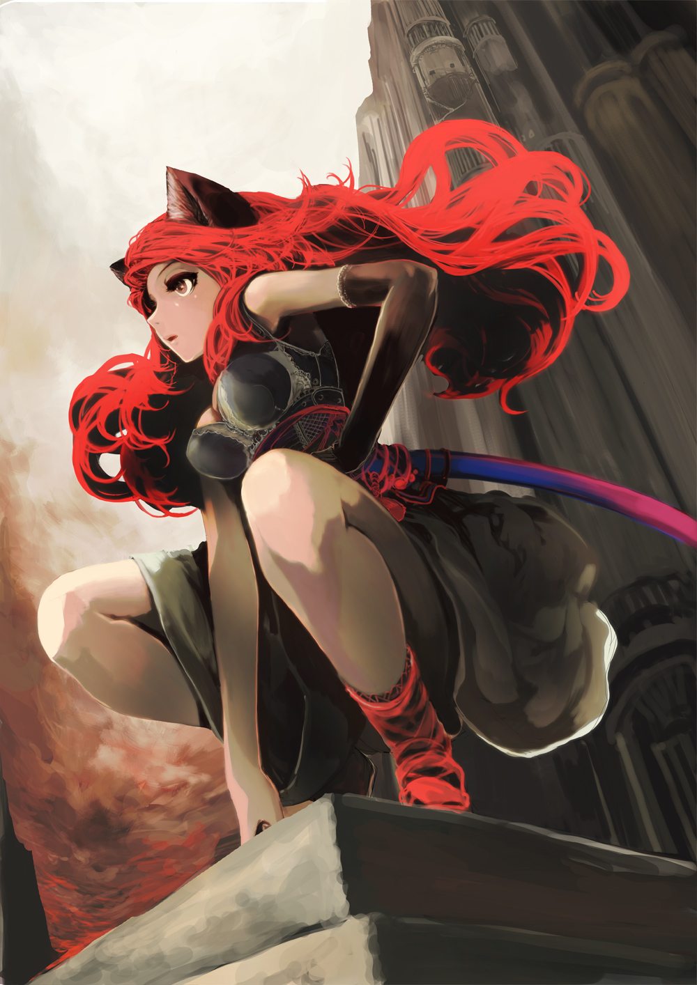 animal_ears arm_support bare_shoulders cat_ears elbow_gloves from_below gloves highres magic:_the_gathering nishinogi open_mouth red_hair single_elbow_glove single_glove solo squatting yellow_eyes