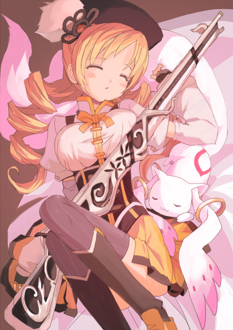 :3 beret blonde_hair boots breast_squeeze breasts brown_legwear closed_eyes corset detached_sleeves drill_hair fingerless_gloves gloves gun hair_ornament hairpin hat kyubey large_breasts magical_girl magical_musket mahou_shoujo_madoka_magica pleated_skirt puffy_sleeves ribbon rifle rudorufu shirt skirt striped striped_legwear taut_clothes taut_shirt thighhighs tomoe_mami twin_drills twintails vertical-striped_legwear vertical_stripes weapon zettai_ryouiki