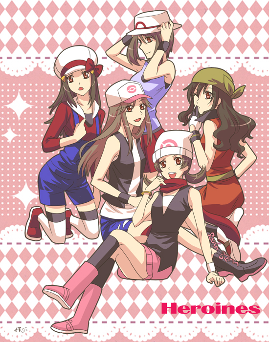 bandana blue_(pokemon) blue_(pokemon)_(cosplay) boots cosplay costume_switch haruka_(pokemon) haruka_(pokemon)_(cosplay) hat hat_ribbon hikari_(pokemon) hikari_(pokemon)_(cosplay) kneeling kotone_(pokemon) kotone_(pokemon)_(cosplay) michaelovten multiple_girls odamaki_sapphire pink_footwear pokemon pokemon_(game) pokemon_bw pokemon_dppt pokemon_emerald pokemon_frlg pokemon_hgss pokemon_rse red_ribbon ribbon sitting thighhighs touko_(pokemon) touko_(pokemon)_(cosplay)