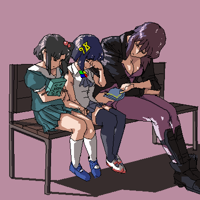 98-tan 98se-tan bench black_hair blue_hair book boots breasts child cleavage commentary crossed_arms crossover crying ghost_in_the_shell hair_bobbles hair_ornament handkerchief holding holding_book holding_hands jacket kusanagi_motoko large_breasts lowres multiple_girls oekaki open_clothes open_jacket os-tan pleated_skirt purple_hair rakugaki school_uniform short_hair side_ponytail skirt socks thighhighs zettai_ryouiki