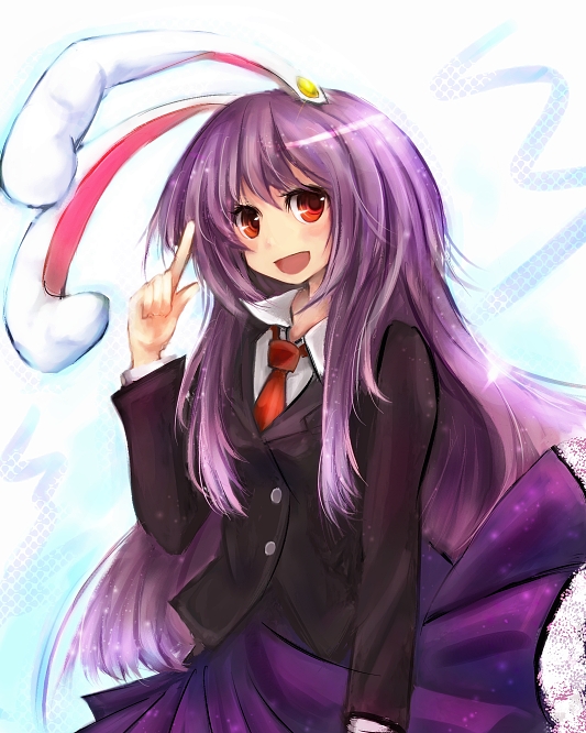 :d animal_ears bad_id bad_pixiv_id blazer blush bunny_ears dot_heit jacket long_hair necktie open_mouth petticoat pleated_skirt pointing purple_hair red_eyes red_neckwear reisen_udongein_inaba sidelocks skirt smile solo touhou very_long_hair