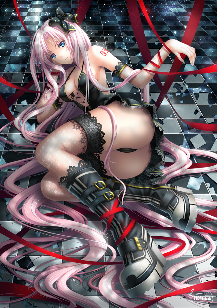 armlet armpits ass bare_shoulders blue_eyes boots bow breasts checkered checkered_floor chin_rest cleavage hair_bow high_heels knee_boots lace lace-trimmed_thighhighs legs long_hair long_legs lying medium_breasts megurine_luka on_side pink_hair ribbon shoes solo thighhighs thighs tidsean very_long_hair vocaloid