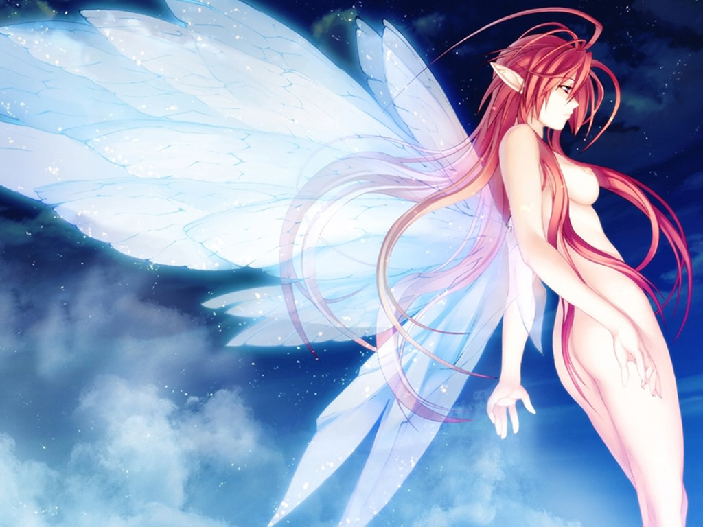 breasts fairy ignis jingai_makyou jpeg_artifacts long_hair ni&theta; nipples nitroplus nude red_hair wings