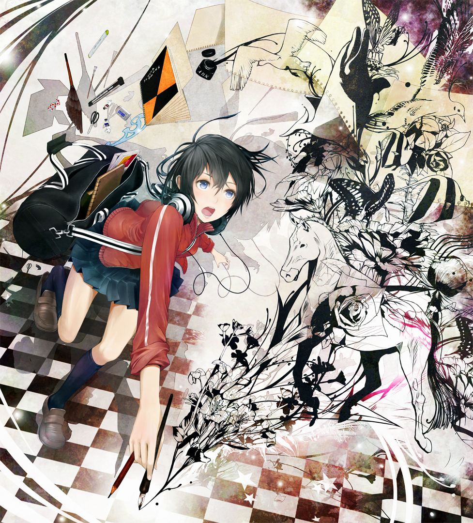 abstract animal bag bird black_hair blue_eyes bug butterfly checkered checkered_floor dolphin dove eraser flower flying_paper headphones headphones_around_neck horse ink ink_bottle insect jacket kneehighs loafers nib_pen_(object) niou_kaoru notebook oekaki_musume open_mouth original paper pen pencil revision rose school_uniform scissors shoe_dangle shoes skirt sleeves_rolled_up solo star stationery track_jacket whale white_flower white_rose