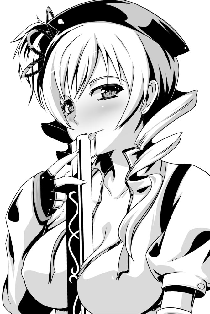 blush breasts cleavage drill_hair gloves greyscale gun hat large_breasts magical_girl magical_musket mahou_shoujo_madoka_magica monochrome rifle sexually_suggestive solo tomoe_mami twintails weapon