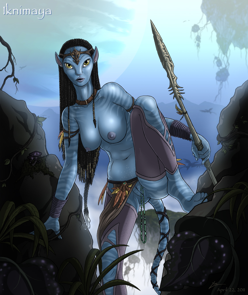 avatar blue blue_theme breasts ear_piercing earring female hindpaw james_cameron's_avatar james_cameron's_avatar loincloth na'vi na'vi netherwulf nipples nude paws piercing polearm pussy solo spear tribal