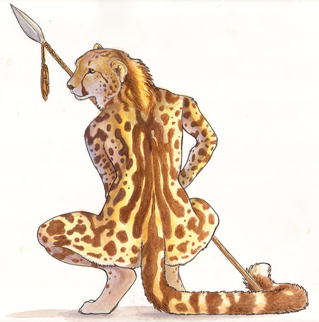 autumnsunrise back cheetah crouching feline female king_cheetah nude polearm solo spear