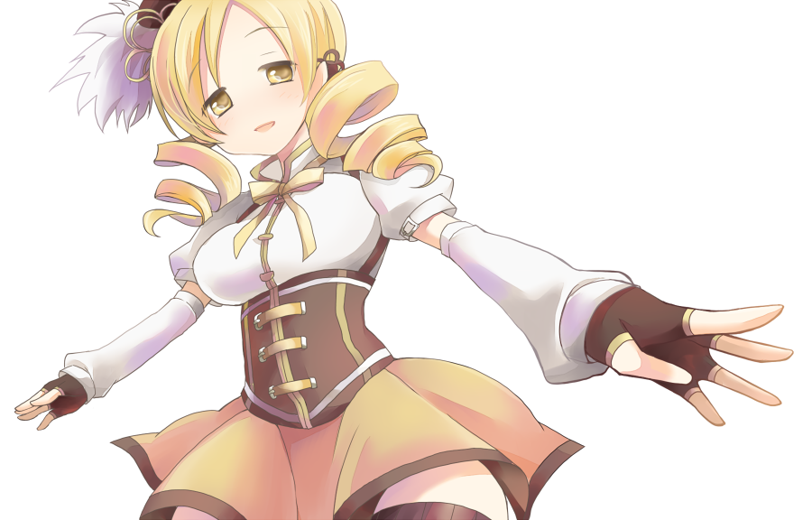bad_id bad_pixiv_id beret blonde_hair breasts corset detached_sleeves drill_hair fingerless_gloves gloves hair_ornament hat large_breasts magical_girl mahou_shoujo_madoka_magica puffy_sleeves skk solo striped striped_legwear thighhighs tomoe_mami vertical-striped_legwear vertical_stripes yellow_eyes zettai_ryouiki
