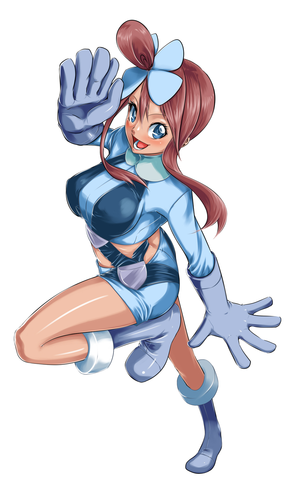 blue_eyes blue_footwear boots breasts classictime full_body fuuro_(pokemon) gloves hair_ornament highres large_breasts midriff open_mouth pokemon pokemon_(game) pokemon_bw red_hair simple_background solo white_background