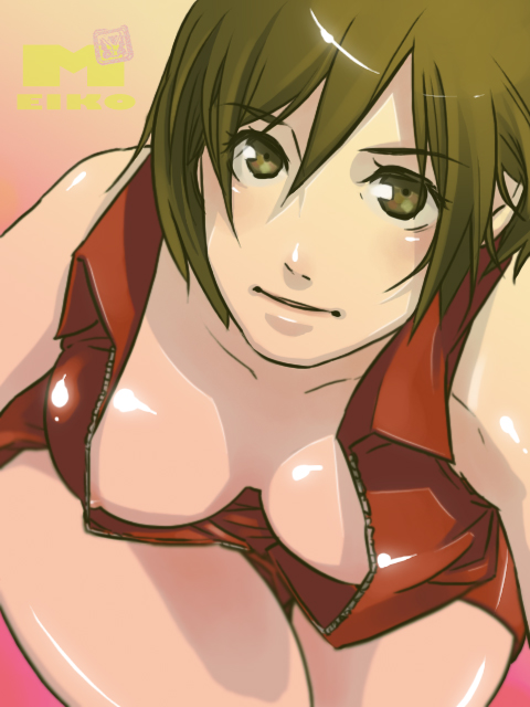 breasts brown_eyes brown_hair cleavage downblouse from_above looking_up medium_breasts meiko nipple_slip nipples short_hair solo vocaloid yanagimachio