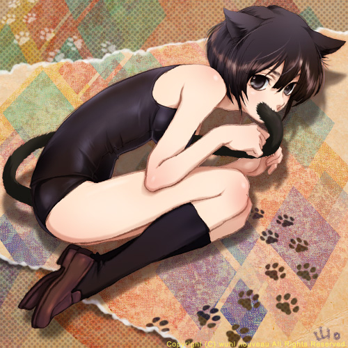 animal_ears black_eyes black_hair cat cat_ears loafers lowres one-piece_swimsuit original paw_print personification school_swimsuit shoes short_hair socks solo swimsuit tail touyama_maki
