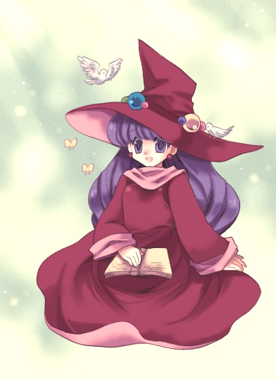 bird book bug butterfly dress earrings full_body green_background hat insect jewelry long_hair minazuki_(mm) monster_maker purple_eyes purple_hair rufia_(monster_maker) sitting smile solo witch witch_hat