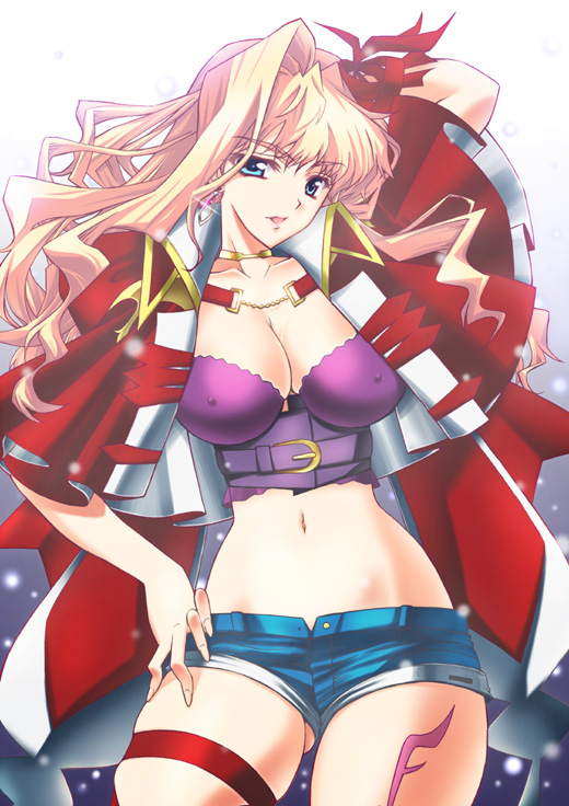 :d akazaki_yasuma arm_up blonde_hair blue_eyes breasts bustier cleavage covered_nipples crop_top denim denim_shorts earrings hair_intakes hand_on_hip hoop_earrings jacket jewelry large_breasts lingerie long_hair lowleg macross macross_frontier macross_frontier:_itsuwari_no_utahime midriff navel necklace open_clothes open_fly open_jacket open_mouth pose ribbon sheryl_nome short_shorts shorts smile snow solo standing strap tattoo thigh_strap thighs unbuttoned underwear unzipped wavy_hair wide_hips