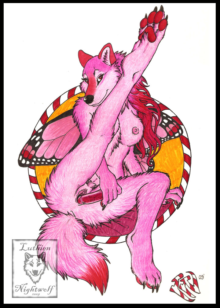 anthro arthropod breasts butterfly butterfly_wings canine dildo female fur hybrid insect luthiennightwolf mammal maraschino masturbation nipples nude penetration pink pink_fur plain_background pussy raised_leg sex_toy solo vaginal vaginal_penetration white_background wings wolf