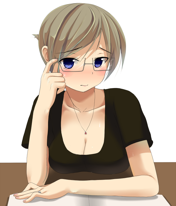 adjusting_eyewear bad_id bad_pixiv_id banned_artist blue_eyes blush breasts cleavage glasses jewelry kawamuradenki large_breasts original ring short_hair solo