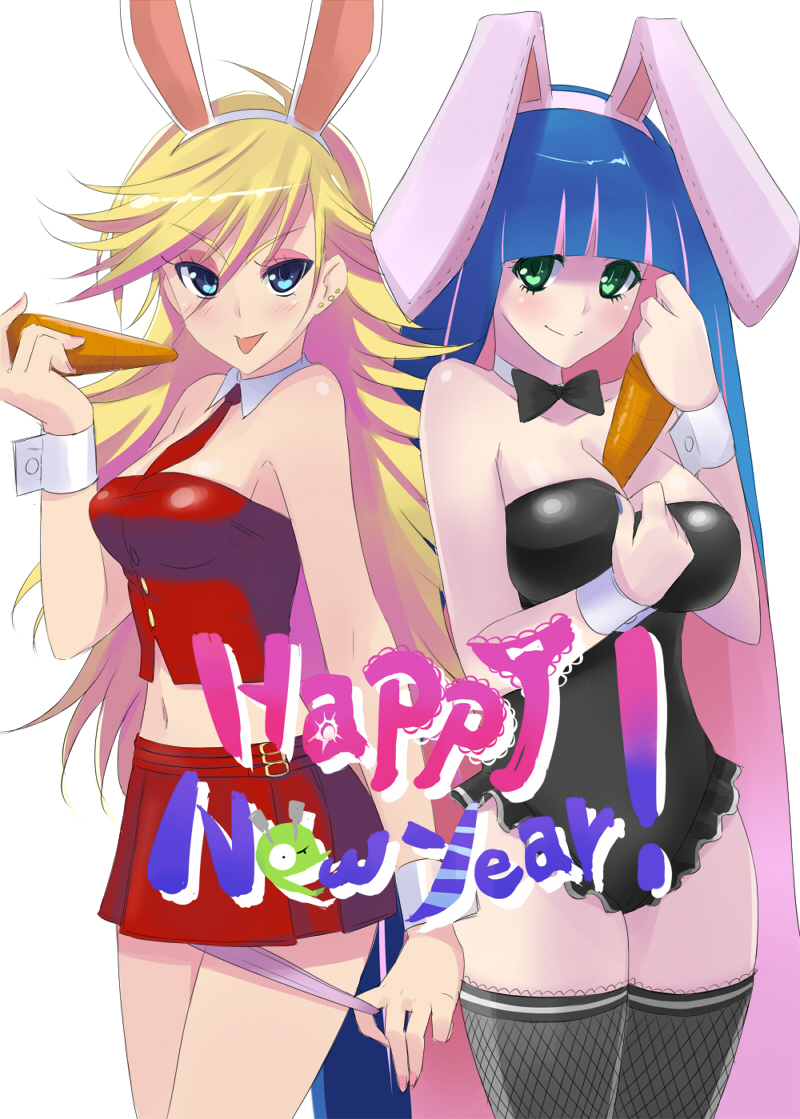 2011 :p animal_ears blush breasts bunny_girl bunnysuit cleavage food panties panty_&amp;_stocking_with_garterbelt panty_(character) panty_(psg) smile stocking_(character) stocking_(psg) thighhighs tongue tongue_out underwear