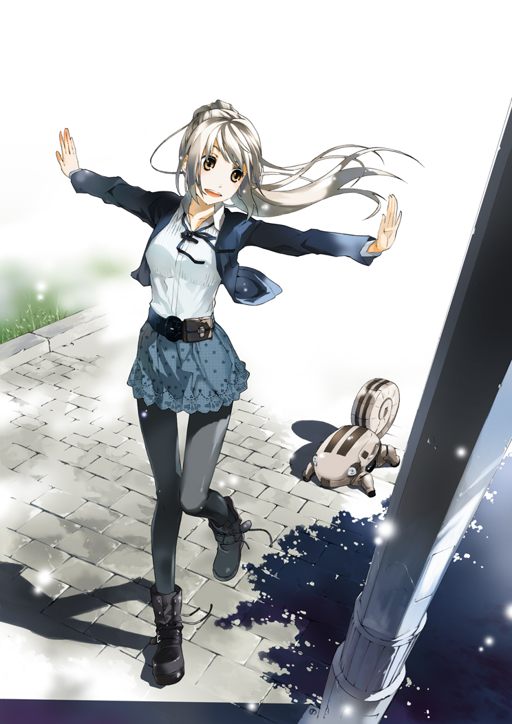 belt belt_pouch blonde_hair boots cropped_jacket justminor light_particles long_hair open_mouth orange_eyes original outstretched_arms pantyhose ponytail pouch robot shadow silver_hair skirt solo spread_arms standing standing_on_one_leg stone_floor tree_shade