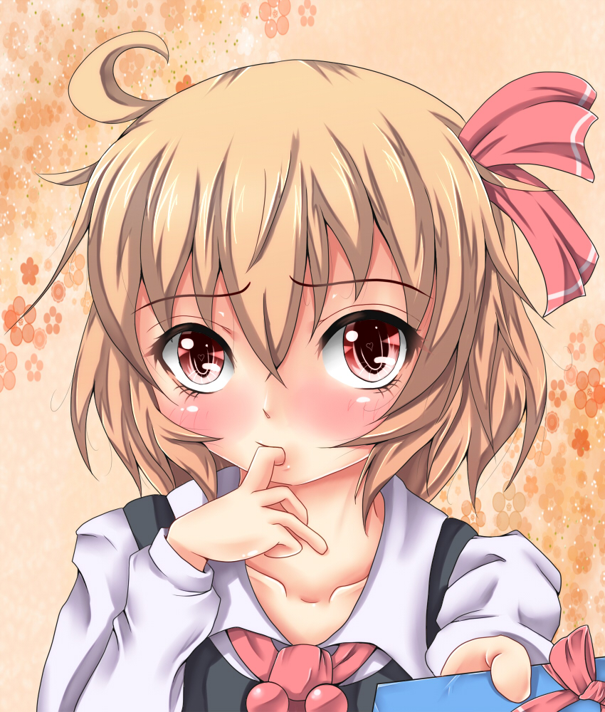 ahoge bad_id bad_pixiv_id blonde_hair blush collarbone finger_in_mouth gift hair_ribbon heart holding holding_gift incoming_gift nekotama_shun red_eyes ribbon rumia solo symbol-shaped_pupils touhou upper_body valentine