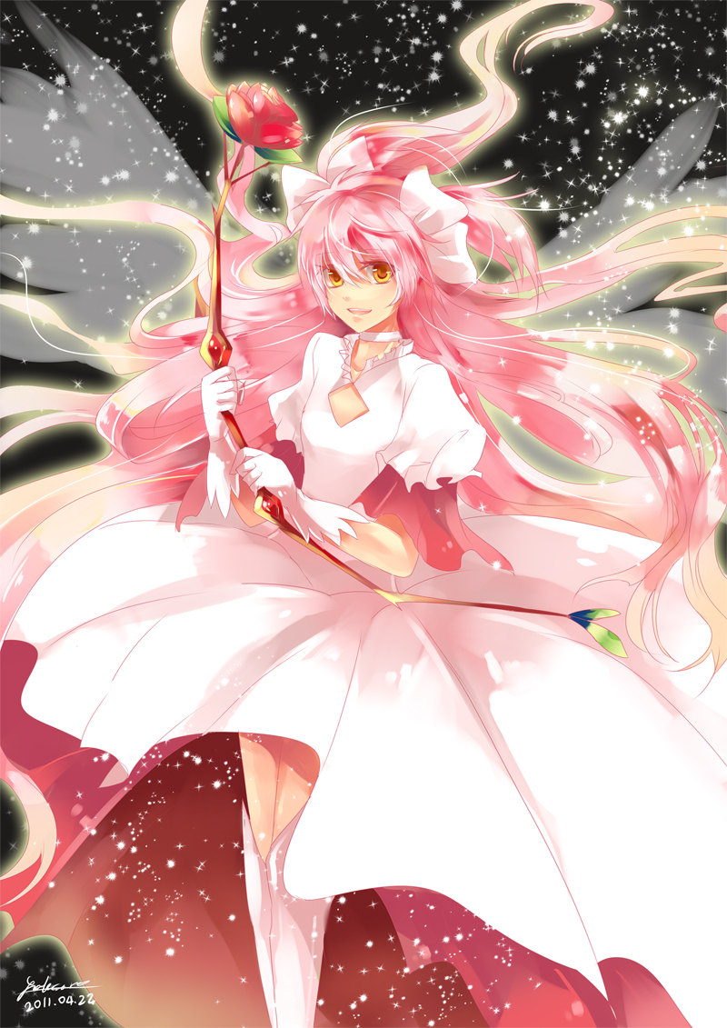 alternate_costume bow bow_(weapon) dress flower gloves hair_bow kaname_madoka long_hair magical_girl mahou_shoujo_madoka_magica miyawa_natsuha pink_hair red_flower red_rose rose smile solo sparkle spoilers thighhighs two_side_up ultimate_madoka very_long_hair weapon white_gloves wings yellow_eyes