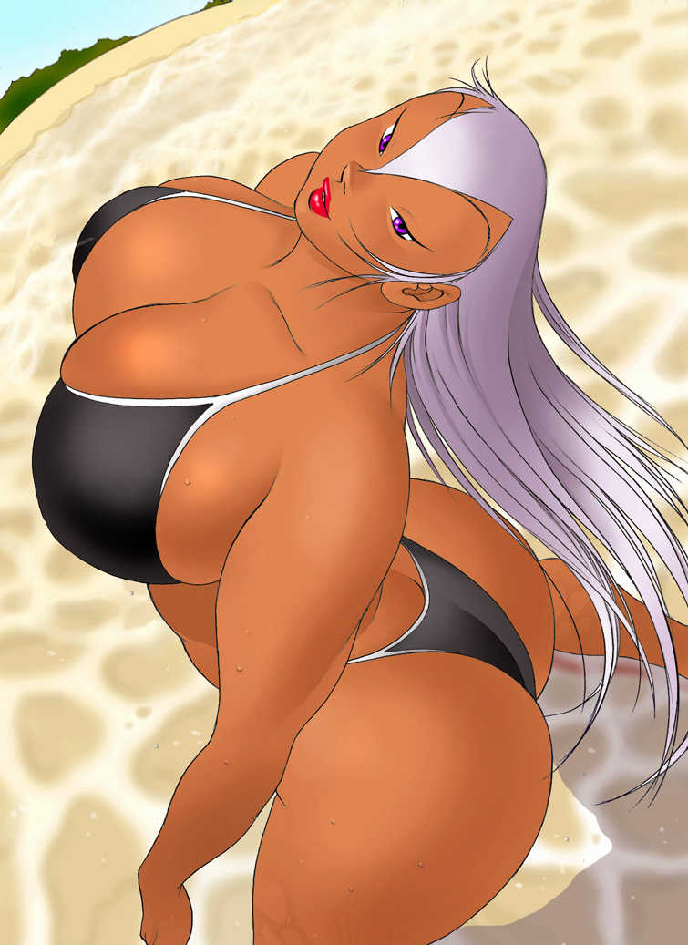 arched_back ass bangs beach bikini black_bikini breasts butt_crack cleavage cloud curvy dark-skinned_female dark_skin eiden female fisheye from_above gg_quatre gri_gri grinis_quatre_gricom huge_breasts jpeg_artifacts lipstick long_hair looking_at_viewer mature milf naughty_face open_mouth purple_eyes red_lipstick shadow sideboob silver_hair sky smile solo standing swimsuit thick_thighs thighs thong thong_bikini very_long_hair wading water wet white_hair
