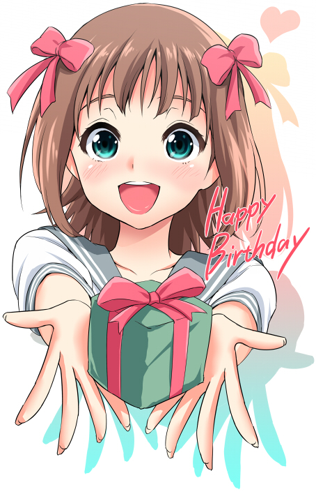 amami_haruka brown_hair gift green_eyes happy_birthday holding holding_gift idolmaster idolmaster_(classic) incoming_gift kase_daiki sailor_collar short_hair solo