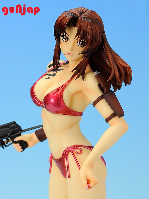 1girl background bikini black_lagoon blue_background breasts brown_hair cigarette cleavage figure gun legs long_hair looking_at_viewer no_humans photo revy revy_(black_lagoon) simple_background solo standing swimsuit tattoo thighs weapon