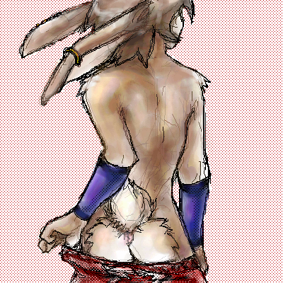 butt lagomorph male nude oekaki pants_pull piercing rabbit solo unknown_artist
