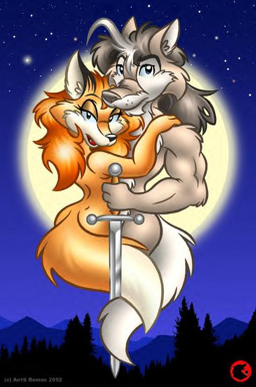 2002 antti_remes black_hair canine female fox grey hair hug long_black_hair long_hair long_orange_hair looking_at_viewer nimbl orange orange_hair romantic sirah standing sword tail vixen weapon wolf