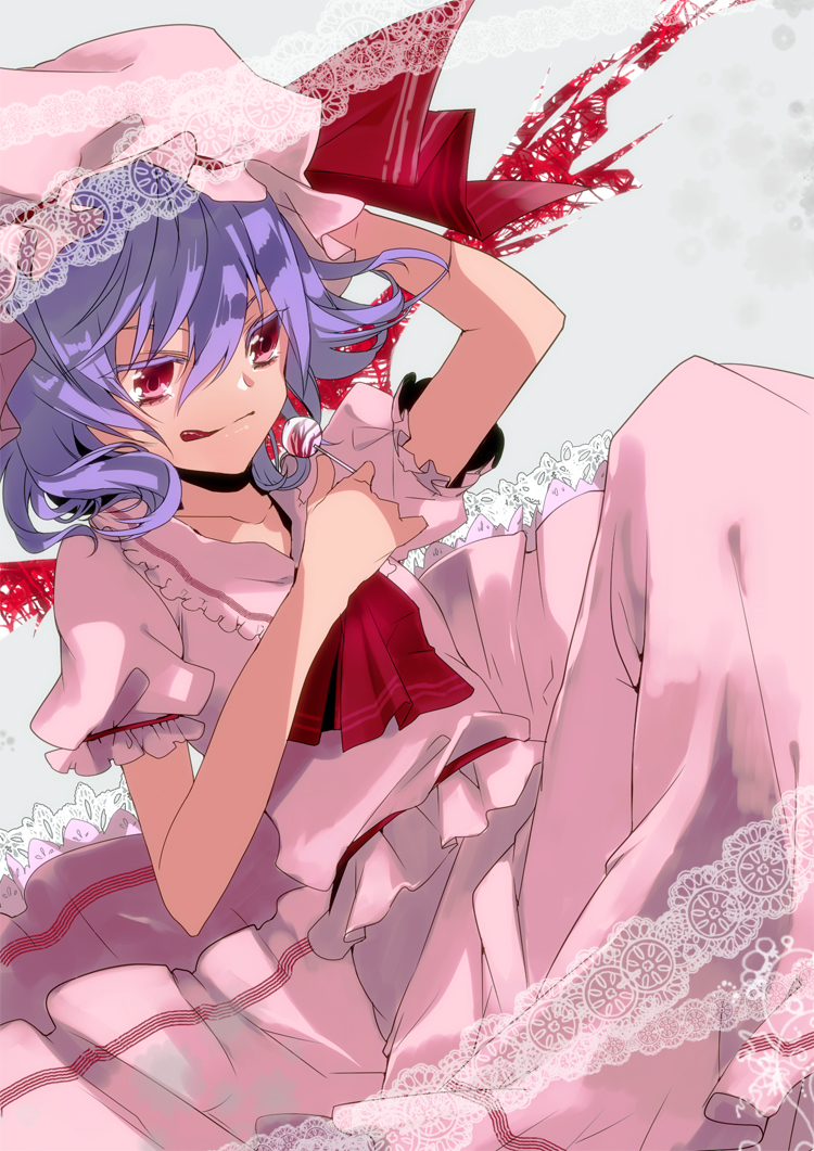 :q bad_id bad_pixiv_id hat lavender_hair manyako_(mohumohu) red_eyes remilia_scarlet short_hair solo tongue tongue_out touhou