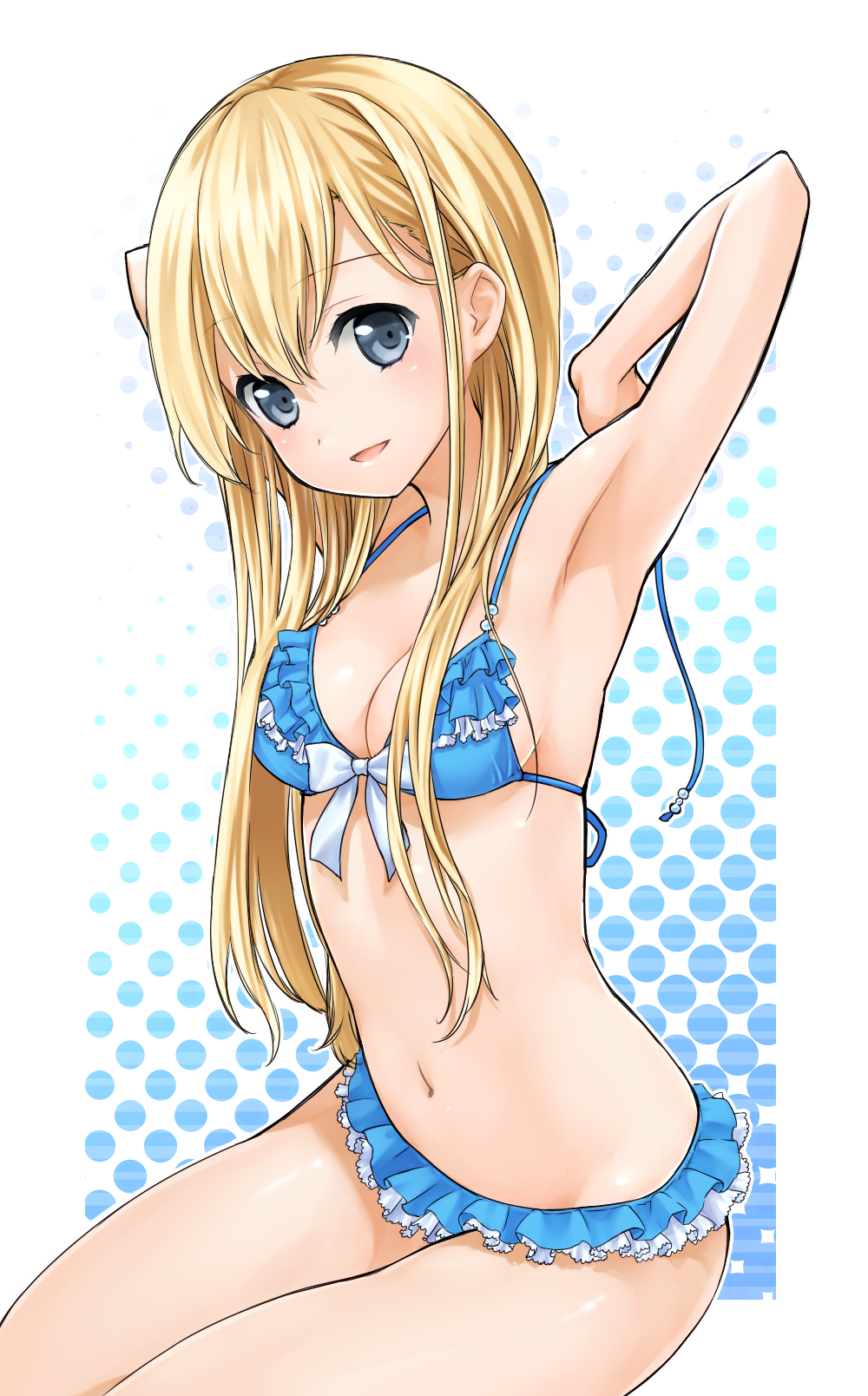 armpits bad_id bad_pixiv_id bikini blonde_hair blue_eyes copyright_request face frilled_bikini frills highres irimo long_hair looking_at_viewer navel sitting smile solo swimsuit