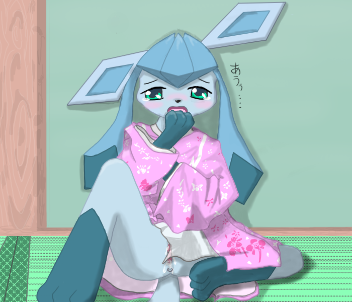 anus bottomless clothed clothing cum eeveelution female glaceon half-dressed japanese_text nintendo open_mouth pok&#233;mon pok&#233;morph pok&eacute;mon pussy solo tatami text unknown_artist video_games yawn