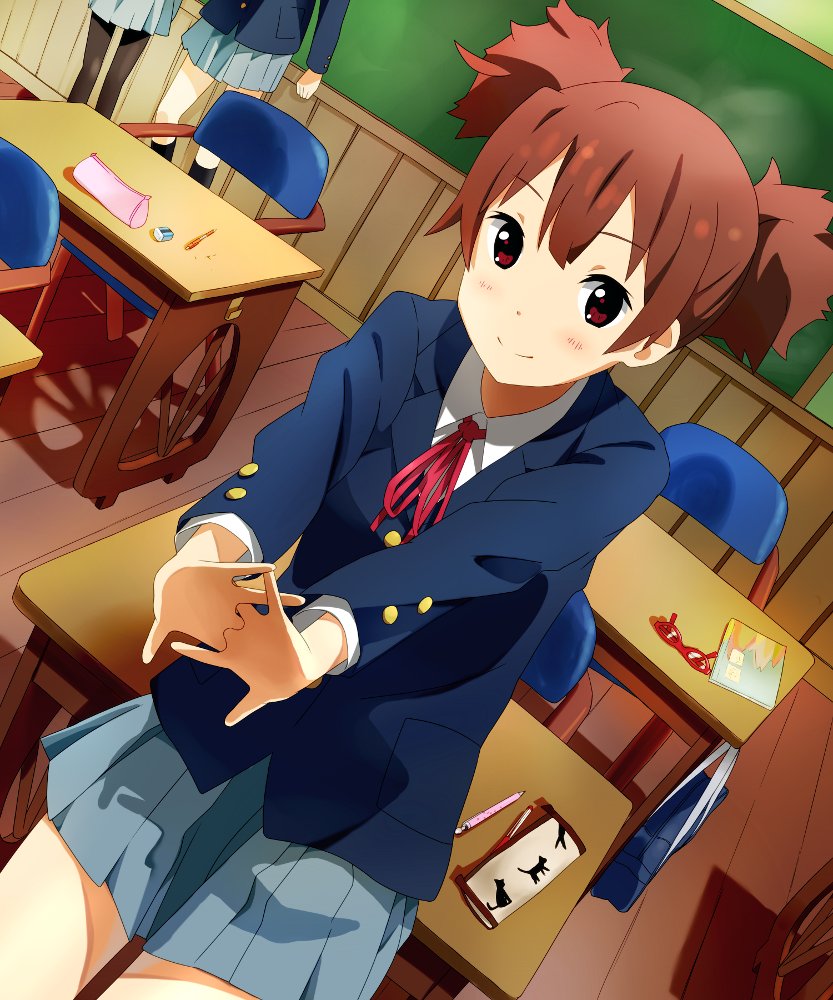 bad_id bad_pixiv_id banned_artist blazer book brown_hair case chalkboard classroom cowboy_shot desk glasses hands_clasped hatsumic jacket k-on! outstretched_arms own_hands_together pencil red_eyes school_uniform short_twintails sitting skirt smile solo stretch suzuki_jun twintails