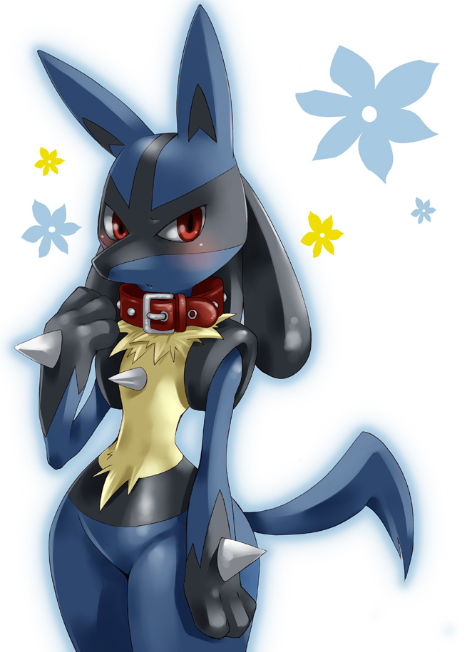 aura blush chest_tuft collar flowers inumania looking_at_viewer lucario pok&eacute;mon pok&eacute;morph red_eyes solo spikes