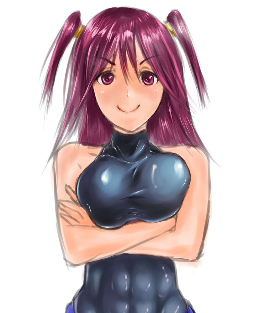 abs athletic bare_shoulders breasts crossed_arms female fit infinite_stratos large_breasts long_hair maron_torisu nohotoke_honne purple_eyes purple_hair short_twintails skin_tight skintight smile solo twintails white_background