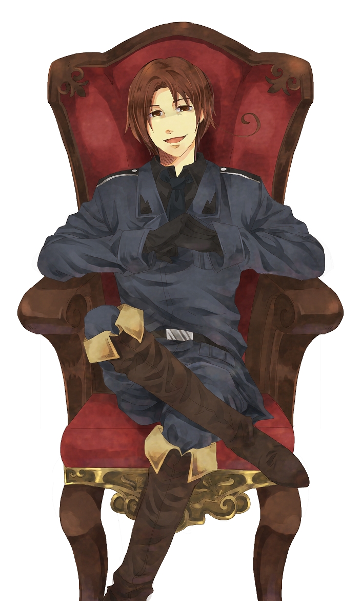 axis_powers_hetalia boots brown_eyes brown_hair chair gloves janis_(hainegom) male_focus military military_uniform northern_italy_(hetalia) simple_background sitting solo uniform