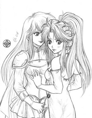 2girls armor back bare_shoulders blush cape dress earrings elbow_gloves embarrassed fire_emblem fire_emblem:_seisen_no_keifu fire_emblem_genealogy_of_the_holy_war gloves hug jewelry lachesis lachesis_(fire_emblem) lips long_hair looking_back lowres monochrome multiple_girls necklace ponytail shy side_slit skirt tiltyu tiltyu_(fire_emblem) yuri