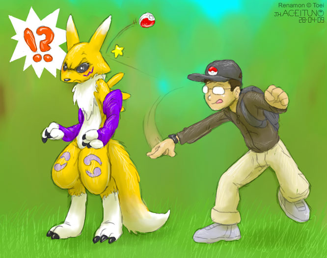 !? 2009 angry canine capturing crossover digimon doing_it_wrong drjavi epic fail female fox glasses grass human humour male pok&eacute;ball pok&eacute;mon renamon scowl tail trainer