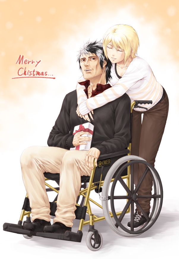 1boy 1girl armored_core armored_core:_for_answer armored_core_4 blonde_hair eyes_closed feather feathers female fiona_jarnefeldt from_software gift male present short_hair smile tatuya wheelchair