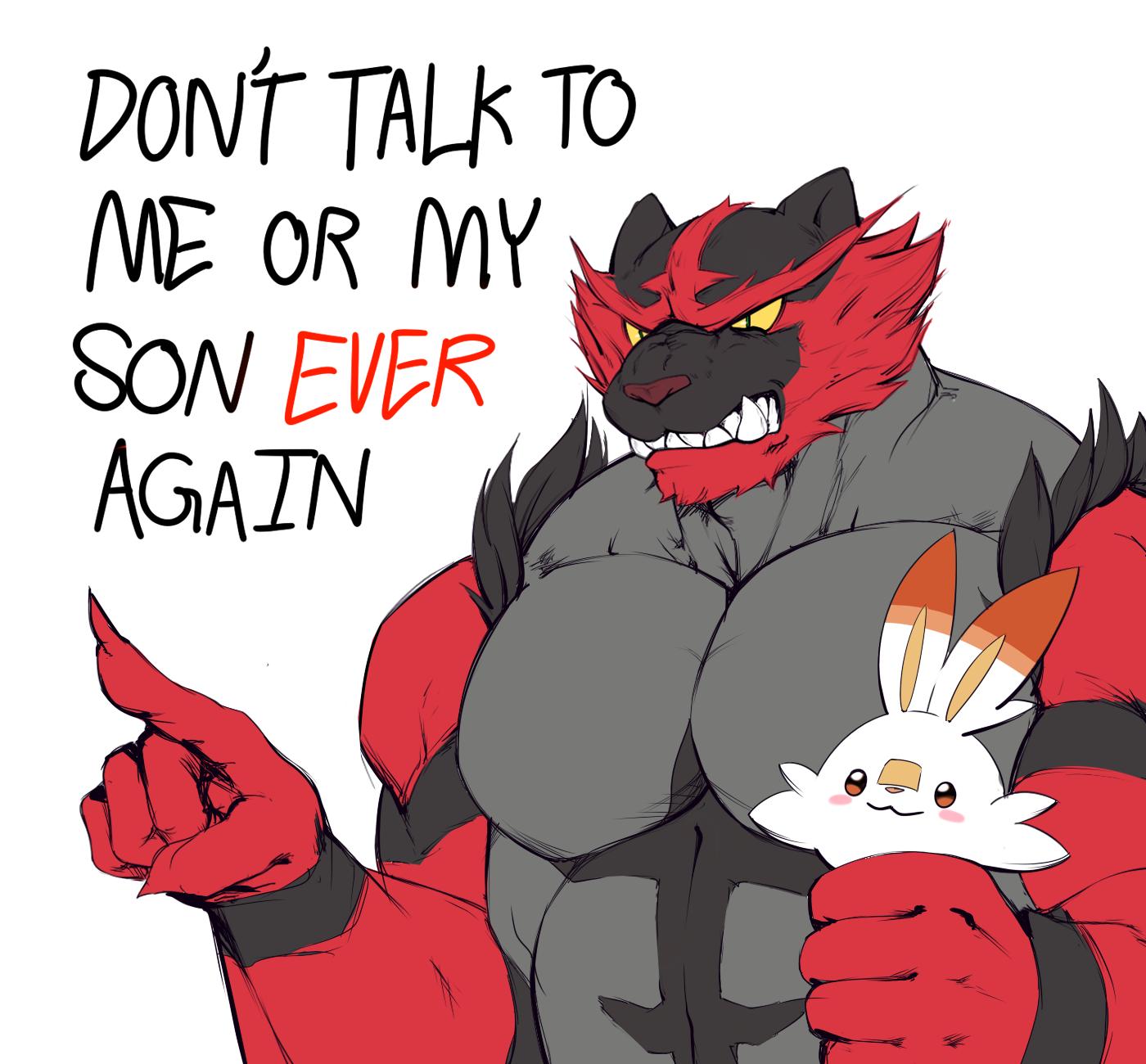 2019 5_fingers :3 abs ambiguous_gender angry anthro bandage biceps big_muscles biped black_fur black_markings black_stripes blush blush_stickers brown_nose carrying cheek_tuft chest_markings claws clenched_teeth daily-incineroar digital_drawing_(artwork) digital_media_(artwork) dipstick_ears don't_talk_to_me_or_my_son_ever_again duo english_text eyebrows facial_markings fangs felid forehead_markings frown fur fur_tuft grey_fur half-length_portrait hi_res humanoid_hands humor incineroar lagomorph larger_anthro larger_male long_ears male mammal markings meme multicolored_fur muscular muscular_male neck_muscles nintendo nude orange_ears orange_fur pantherine pecs pink_nose pointing pok&eacute;mon pok&eacute;mon_(species) portrait protective reaction_image red_eyebrows red_fur red_markings scorbunny scowl sharp_teeth shoulder_tuft simple_background size_difference slit_pupils smaller_ambiguous smile snout standing striped_fur stripes teeth text threat triceps tuft two_tone_ears two_tone_fur unibrow video_games white_background white_ears white_fur yellow_sclera