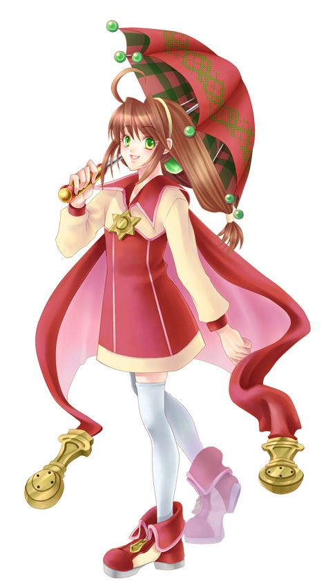 ahoge brown_hair cape coat full_body green_eyes hair_ornament hairband hairpin lilka_eleniak linne_(254623) long_hair long_sleeves low-tied_long_hair pink_cape plaid_umbrella ponytail red_cape red_umbrella shoes simple_background skirt smile solo thighhighs umbrella white_background white_legwear wild_arms wild_arms_2 yellow_hairband zettai_ryouiki