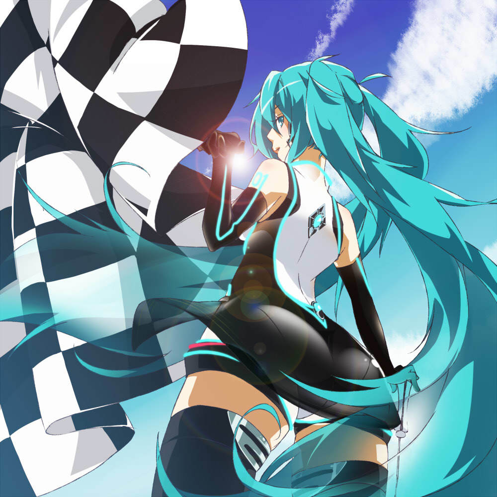 aqua_eyes aqua_hair bare_shoulders checkered checkered_flag elbow_gloves flag from_behind from_below gloves goodsmile_company goodsmile_racing grani hatsune_miku jpeg_artifacts lens_flare lips long_hair looking_back panties race_queen racing_miku racing_miku_(2011) see-through smile solo sun thighhighs twintails underwear very_long_hair vocaloid wind