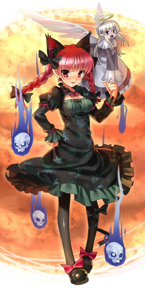 adapted_costume animal_ears black_legwear bow braid breasts cat_ears cleavage dress extra_ears floating_skull full_body green_dress hair_bow halo hand_on_hip kaenbyou_rin katahira_masashi leg_ribbon looking_at_viewer medium_breasts multiple_girls pantyhose pointy_ears red_eyes red_hair ribbon short_hair skull smile standing touhou tsurime twin_braids twintails underbust wings zombie_fairy