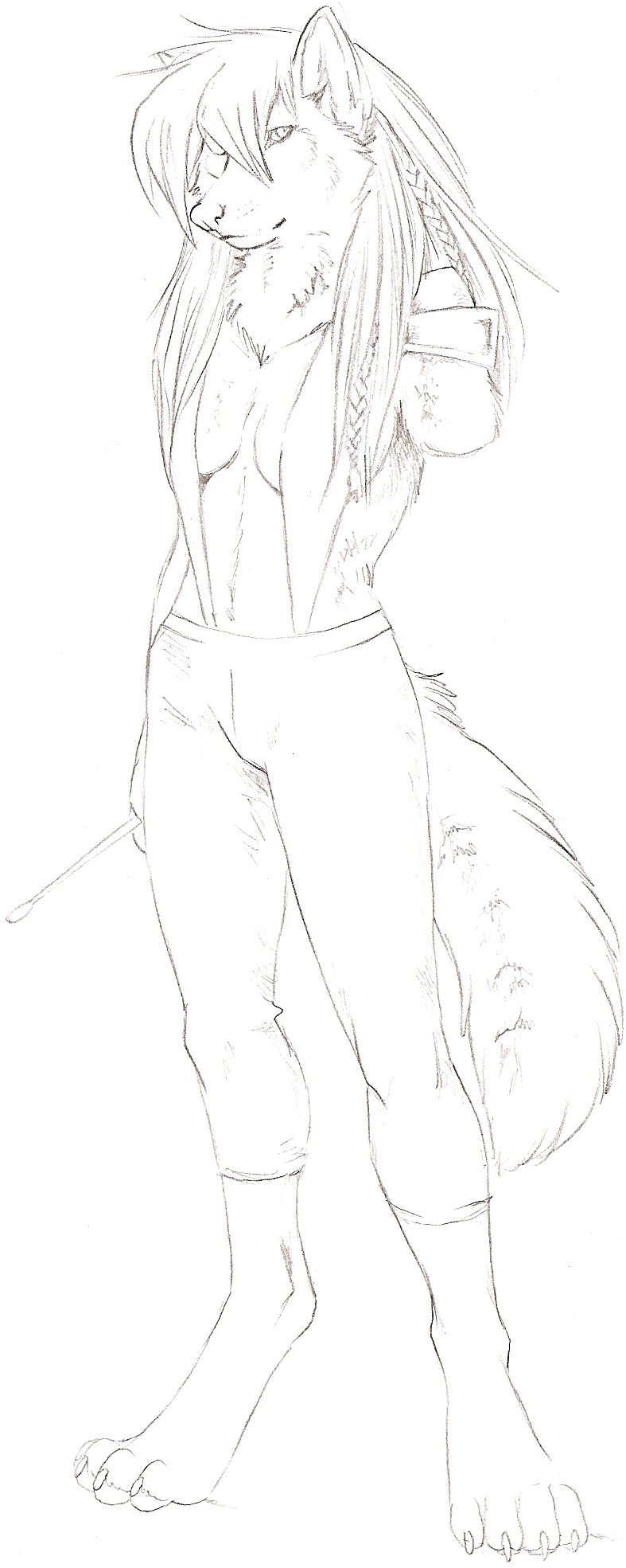 amputee canine female hibbary plaits riding_crop sketch solo topless tough wolf