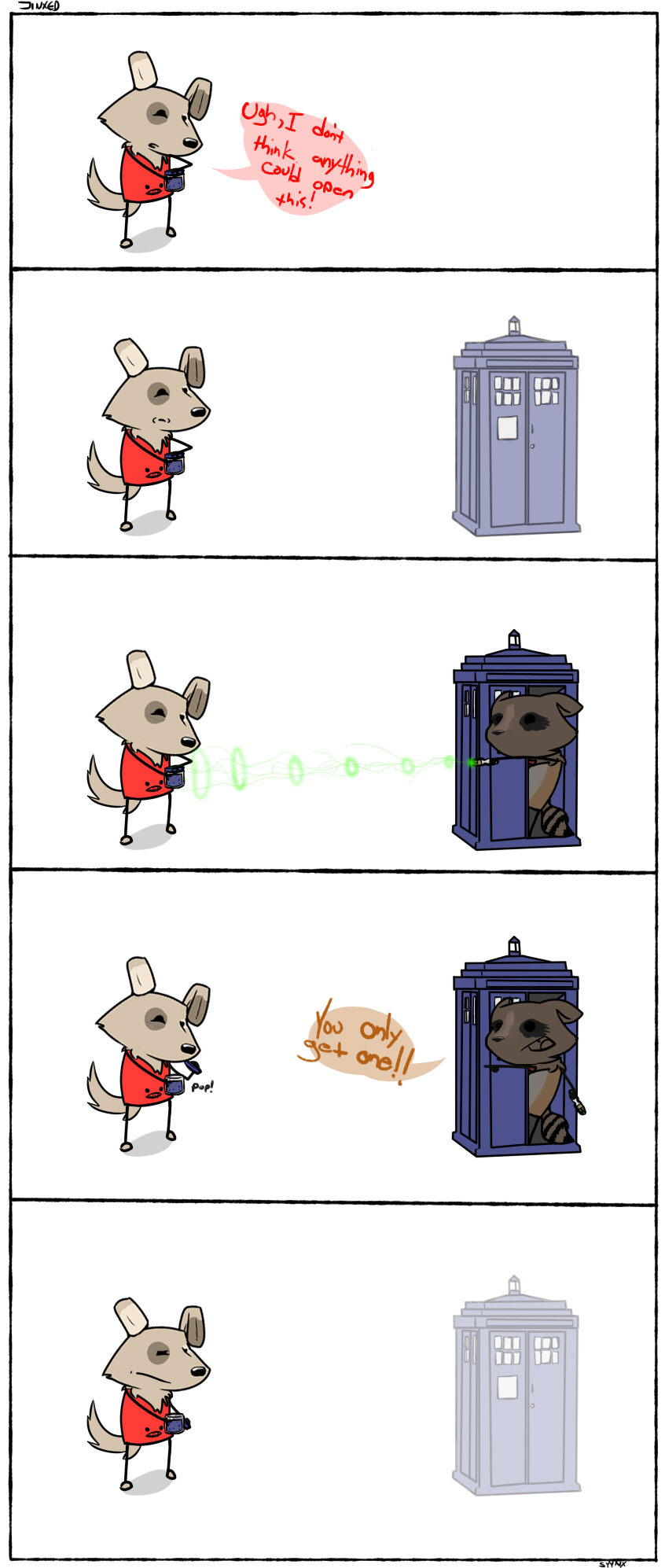 doctor_who jar jinxed jjiinx_(character) mammal plain_background rabbit_wolf raccoon sonic_screwdriver syynx tardis the_doctor white_background