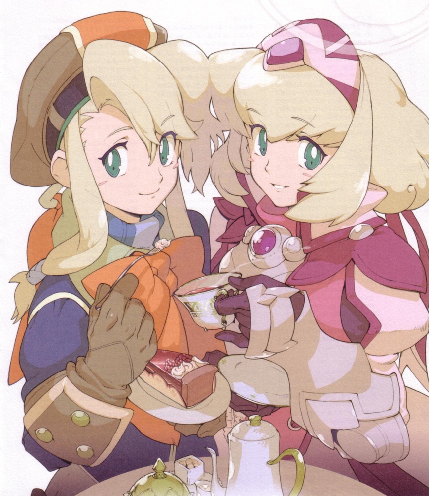 alexia_lynn_elesius armor armored_dress blonde_hair blush bow cake clarissa_arwin creamer_(vessel) cup drink elbow_gloves food fork fujimoto_hideaki gloves green_eyes hairband hat jewelry knight looking_at_viewer multiple_girls official_art orange_bow plate pov_across_table ribbon scan scan_artifacts short_hair sidelocks simple_background smile teacup white_background wild_arms wild_arms_xf