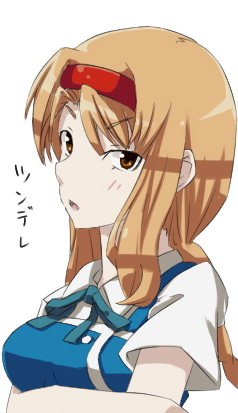 breasts brown_eyes brown_hair crossed_arms d-frag! female hairband looking_at_viewer lowres open_mouth school_uniform simple_background solo takao_(d-frag!) white_background