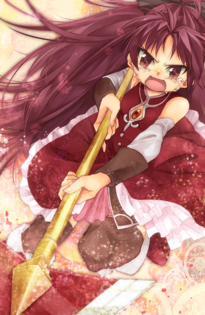 bare_shoulders black_legwear blurry bow commentary depth_of_field detached_sleeves endou_(hot_handle) fang hair_bow long_hair magical_girl mahou_shoujo_madoka_magica open_mouth polearm ponytail red_eyes red_hair sakura_kyouko solo spear tears thighhighs weapon